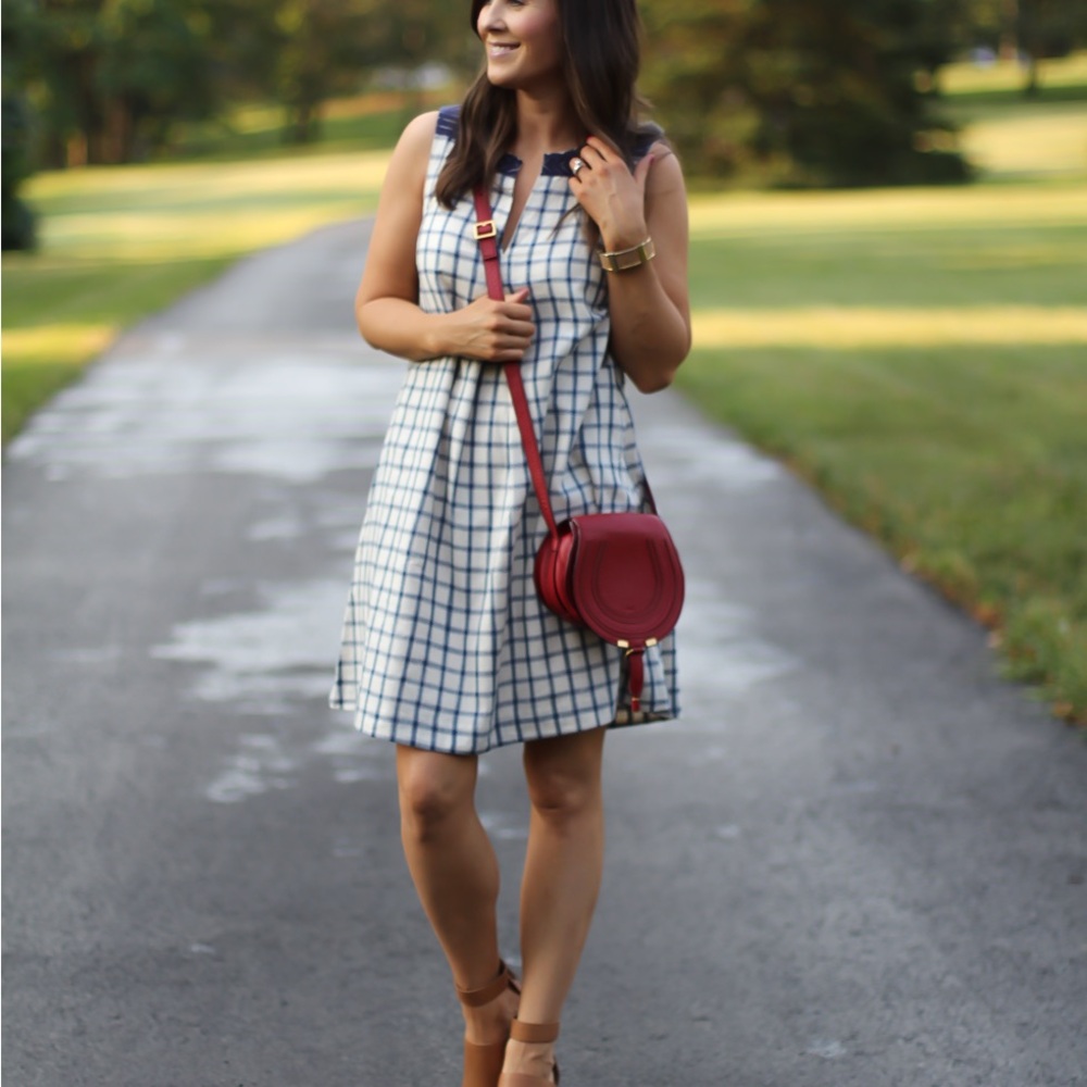 Madewell Linen Windowpane Check Dress with Embroidery
